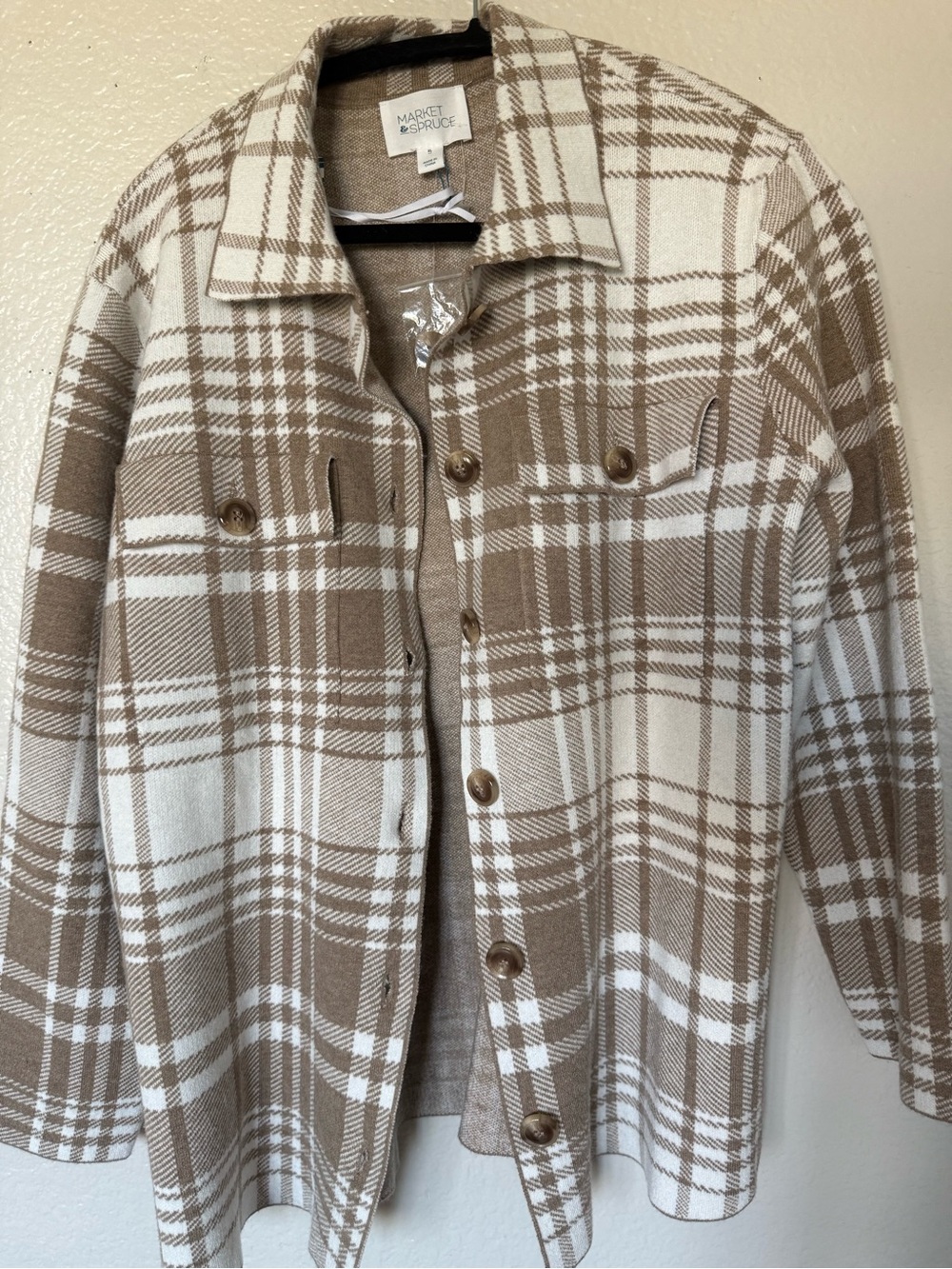 Market & Spruce Beige and White Plaid Utility Shacket